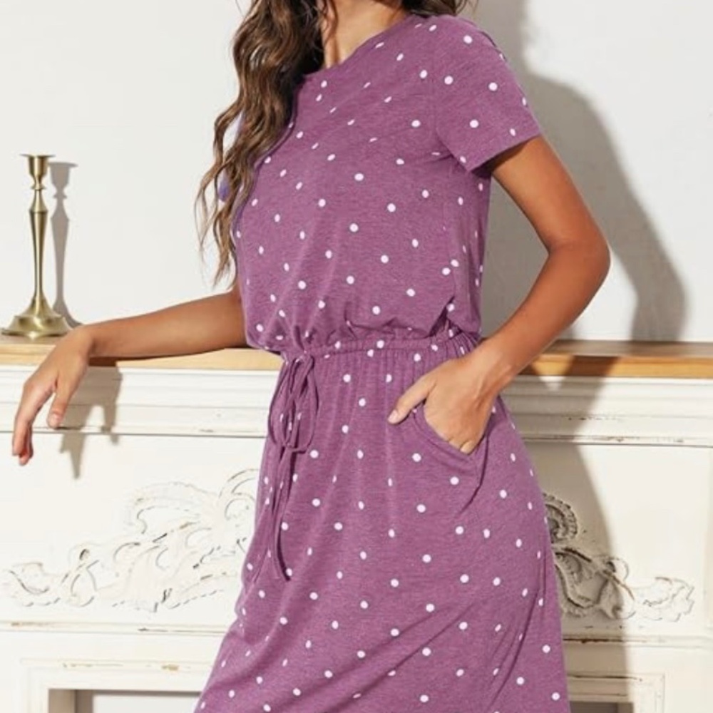 New Women's Dress Short Sleeve Relaxed Fit Pockets Purple with White Polkadot XL